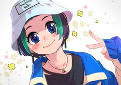  1boy androgynous black_hair black_shirt blue_jacket blunt_bangs blush clothes_writing collarbone commentary earrings floral_background green_hair hat hat_writing jacket jewelry kemono_friends kemono_friends_2 kyururu_(kemono_friends) long_sleeves looking_at_viewer male_focus mismatched_pupils multicolored_hair necklace portrait shirt short_hair simple_background sleeves_past_wrists smile solo takami_masahiro two-tone_hair v white_background 