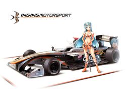  advan bikini blue_eyes blue_hair blush boots breasts car choker cleavage collarbone comiket_92 copyright_name detached_sleeves female floating_hair formula_racer ina_(urobronai) inging_motorsport itasha long_hair looking_at_viewer medium_breasts motor_vehicle orange_bikini orange_choker orange_footwear orange_skirt project_mu race_queen race_vehicle racecar sidelocks skirt smile solo spoiler_(automobile) super_formula_championship swimsuit vehicle_focus very_long_hair white_background yamaguchi_miu 