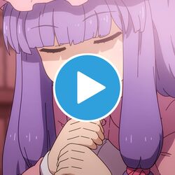  bow buttons closed_eyes collar commentary dress fake_play_button fake_video female hairbow hat light long_hair long_sleeves mob_cap patchouli_knowledge pink_dress pink_hat pink_sleeves purple_hair red_bow sexually_suggestive shadow shirosato solo touhou twitter 