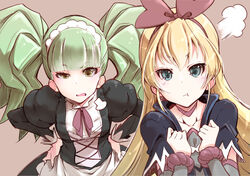  2girls annoyed apron biburi_(precure) black_dress black_jacket blonde_hair blue_eyes bow choker commentary_request dokidoki!_precure dress eyelashes green_eyes green_hair hair_ornament hairband hairbow hamuhamu jacket kirakira_precure_a_la_mode long_hair looking_at_viewer maid maid_apron maid_headdress multiple_girls outfit_connection precure puffy_sleeves regina_(dokidoki!_precure) simple_background trait_connection twintails wrist_cuffs 