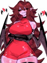  ahoge arms_under_breasts bare_shoulders black_sclera black_thighhighs breasts brown_hair colored_sclera cowboy_shot demon_girl dress female friday_night_funkin&#039; girlfriend_(friday_night_funkin&#039;) large_breasts long_hair looking_at_viewer pointy_ears red_dress red_eyes simple_background smirk solo standing thick_thighs thighhighs thighs usa37107692 very_long_hair white_background wide_hips 