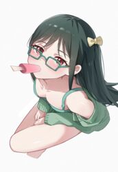  absurdres aftamc aged_down alternate_hair_length alternate_hairstyle bare_shoulders bespectacled blush bow breasts commission dark_green_hair downblouse dress female food food_in_mouth from_above glasses green-framed_eyewear green_dress green_jacket grey_background hairbow highres jacket long_sleeves love_live! love_live!_nijigasaki_high_school_idol_club mifune_shioriko mouth_hold off_shoulder one_side_up open_clothes open_jacket popsicle red_eyes simple_background sitting skeb_commission sleeveless sleeveless_dress sleeves_past_wrists small_breasts solo yellow_bow 