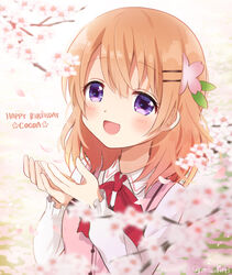  :d blurry blurry_foreground blush cherry_blossoms commentary cupping_hands depth_of_field female flower gochuumon_wa_usagi_desu_ka? hair_between_eyes hair_ornament hairclip happy hoto_cocoa long_sleeves medium_hair mozukun43 open_mouth orange_hair own_hands_together pink_vest purple_eyes rabbit_house_uniform shirt smile solo twitter_username upper_body vest white_shirt 