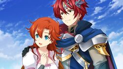  1boy :d armor black_gloves blue_eyes blue_sky breastplate breasts brown_eyes brown_hair chris_(langrisser) cleavage cloud collarbone couple day female game_cg gloves hair_between_eyes hand_on_another&#039;s_shoulder headpiece highres langrisser ledin_(langrisser) long_hair medium_breasts official_art open_mouth outdoors red_hair short_hair shoulder_armor sky smile straight upper_body 