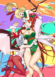  3girls ^_^ animal_ears bare_legs bat_wings blonde_hair braid breasts cleavage closed_eyes crystal detached_collar fake_animal_ears flandre_scarlet green_leotard group_hug highleg highleg_leotard highres hong_meiling hug kagehito leotard multiple_girls oerba_yun_fang pantyhose playboy_bunny rabbit_ears rabbit_tail red_eyes red_hair red_leotard remilia_scarlet short_hair siblings side_ponytail sisters smile strapless strapless_leotard tail touhou twin_braids waist_hug white_leotard wings wrist_cuffs 