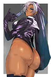  ass black_gloves blue_eyes breasts commentary_request dark-skinned_female dark_skin earrings female from_behind from_side gloves grey_hair gun habit hair_over_one_eye handgun happy_birthday highleg highleg_leotard highres holding holding_gun holding_weapon jewelry large_breasts leotard lips looking_at_viewer non_(nonsummerjack) nun original smoke smoking_barrel steam steaming_body sweat swept_bangs thighhighs translated wakura_(gcdan) weapon 