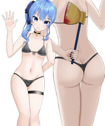  absurdres alternate_costume arm_behind_back ass axe bikini blood_on_axe blue_eyes blue_hair blue_nails breasts choker commentary_request feet_out_of_frame female from_behind golden_axe_(weapon) grey_bikini hand_up highres hololive hoshimachi_suisei legs looking_at_viewer medium_hair multiple_views nail_polish navel plaid plaid_bikini side_ponytail sidelocks simple_background skindentation small_breasts star_(symbol) star_choker swimsuit tamagotozi3420 teeth thigh_strap thighs thong_bikini underboob virtual_youtuber waving white_background 