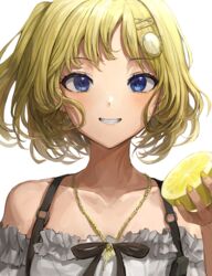  absurdres bare_shoulders black_ribbon blonde_hair blue_eyes blush chan1moon collarbone commentary female food fruit grin hair_ornament hairclip highres holding holding_food holding_fruit hololive hololive_english jewelry lemon looking_at_viewer necklace off_shoulder official_alternate_hairstyle portrait ribbon short_hair smile solo teeth upper_body virtual_youtuber watson_amelia watson_amelia_(street_casual) white_background x_hair_ornament yellow_nails 