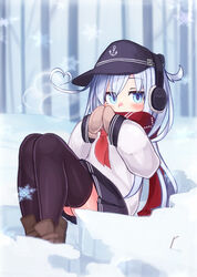  anchor_symbol black_hat black_skirt black_thighhighs blue_eyes blush brown_footwear earmuffs female flat_cap grey_hair hair_between_eyes hat hibiki_(kancolle) kantai_collection long_hair long_sleeves mittens neckerchief pleated_skirt red_neckerchief red_scarf reitou_mikan scarf school_uniform serafuku shoes skirt snow solo thighhighs 