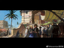  4boys 6+girls blonde_hair brown_hair character_request chester_(pacific) chinese_commentary cloak commentary_request day eyepatch feather_hair_ornament feathers grey_hair hair_ornament highres holding holding_sword holding_weapon jeanex kantai_collection kiso_(kancolle) letterboxed long_sleeves louisville_(pacific) multiple_boys multiple_girls nevada_(pacific) northampton_(pacific) oklahoma_(pacific) pacific_(kancolle) palm_tree people red_hair short_hair side_ponytail stairs sword tree turban twintails weapon weibo_watermark 