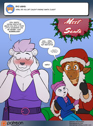  2020 anthro ask_blog bear belt big_breasts black_nose blue_eyes blush bottomwear bracelet breasts christmas christmas_clothing christmas_headwear cleavage closed_eyes clothed clothing conditional_dnp costume denim denim_bottomwear denim_clothing dialogue dialogue_box digital_media_(artwork) dress ear_piercing english_text fake_beard female fur giraffe giraffid gloves group hair hand_on_face handwear hat headgear headwear holidays jacket jeans jewelry kadath male mammal markings mature_anthro mature_female orange_eyes pants patreon patreon_logo piercing pink_hair polar_bear purse puzzle_(kadath) red_hair ring santa_coat santa_costume santa_hat short_hair signature speech_bubble spots spotted_body spotted_fur spotted_markings text topwear url ursine vera_korzynski website_logo winter_hat yellow_body yellow_fur young young_anthro 