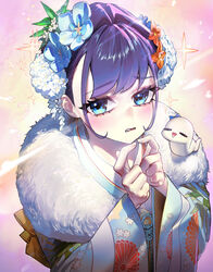  absurdres blue_eyes boros_(ouro_kronii) female floral_print flower ghdwid hair_flower hair_ornament highres hololive hololive_english japanese_clothes kimono light_blush looking_at_viewer ouro_kronii ouro_kronii_(new_year) purple_hair solo upper_body virtual_youtuber wavy_mouth yukata 