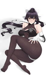  absurdres animal_ears azur_lane black_hair black_pantyhose bodystocking breasts brown_eyes cleavage_cutout clothing_cutout commentary_request female fingerless_gloves floppy_ears full_body gloves hair_flaps highres linea_alba long_hair looking_at_viewer lying mippei official_alternate_costume on_side pantyhose ponytail race_queen ribbon simple_background solo takao_(azur_lane) takao_(full_throttle_charmer)_(azur_lane) taut_bodystocking two-tone_leotard white_background white_gloves white_ribbon 