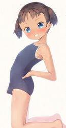  bangs bare_arms bare_legs bare_shoulders barefoot blue_eyes blue_swimsuit blush brown_background brown_hair clothes_pull collarbone commentary_request female grin hand_on_hip looking_at_viewer looking_to_the_side one-piece_swimsuit original pu-en pulled_by_self school_swimsuit short_twintails smile solo swimsuit swimsuit_pull tan tanlines twintails 