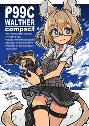  animal_ear_fluff animal_ears black_skirt blonde_hair blue_eyes bracelet breasts commission earrings english_text female glasses gun handgun highres holding holding_gun holding_magazine_(weapon) holding_weapon jewelry looking_at_viewer magazine_(weapon) nancou_(nankou) original panties pleated_skirt semi-rimless_eyewear short_hair short_sleeves skeb_commission skirt small_breasts solo tail thigh_strap trigger_discipline under-rim_eyewear underwear walther walther_p99 weapon white_panties 