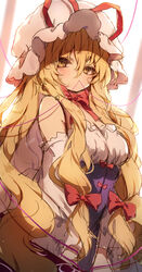  bare_shoulders blonde_hair bow bowtie breasts brown_eyes commentary female hair_between_eyes hairbow hat hat_ribbon highres long_hair looking_at_viewer medium_breasts mob_cap piyokichi red_bow red_bowtie red_ribbon revision ribbon solo touhou upper_body very_long_hair white_hat yakumo_yukari 