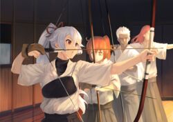  2boys 2girls :o albino archer_(fate) archery archery_dojo architecture arrow_(projectile) bow dark-skinned_male dark_skin east_asian_architecture fate/grand_order fate/stay_night fate_(series) fujimaru_ritsuka_(female) gloves hairbow highres japanese_clothes jhc_kai kyuudou long_hair multiple_boys multiple_girls muneate orange_eyes pale_skin partially_fingerless_gloves ponytail red_bow red_eyes red_hair short_hair side_ponytail tomoe_gozen_(fate) tristan_(fate) white_hair yugake 