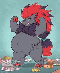  2016 3_fingers 3_toes ambiguous_gender bead belly big_belly black_body black_fur claws colored_nails digitigrade featureless_crotch feet fingers flexing food fur generation_5_pokemon grey_body grey_fur hair hi_res markings nails nintendo nude overweight overweight_ambiguous pokemon pokemon_(species) red_body red_claws red_fur red_hair red_markings shadow shaggy_fur shellyochunks signature smile solo standing teal_eyes toes zoroark 