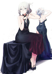  2girls absurdres ak-12_(girls&#039;_frontline) ak-12_(quiet_azure)_(girls&#039;_frontline) an-94_(girls&#039;_frontline) an-94_(silent_rouge)_(girls&#039;_frontline) bare_shoulders black_dress commentary_request dress evening_gown ggab0621 girls&#039;_frontline gradient grey_hair hair_ornament hairclip high_heels highres multiple_girls official_alternate_costume simple_background sitting 