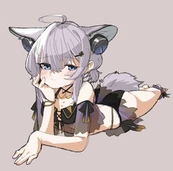  ahoge animal_ear_fluff animal_ears arknights ass bare_shoulders bikini black_bikini blue_eyes blush breasts closed_mouth commentary_request female fox_ears fox_girl fox_tail grey_background hair_between_eyes hand_up highres looking_at_viewer lying on_stomach purple_hair see-through shima_(wideshi_ma) simple_background small_breasts solo sussurro_(arknights) sussurro_(summer_flower)_(arknights) swimsuit tail 