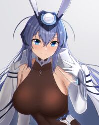  :3 azur_lane blue_eyes blue_hair bodystocking breasts cesvelox closed_mouth clothing_cutout coat coat_on_shoulders commentary covered_collarbone crossed_bangs dress elbow_gloves eyebrows_hidden_by_hair female gloves hair_between_eyes hair_intakes hand_up headgear highres large_breasts long_hair looking_at_viewer new_jersey_(azur_lane) side_cutout sidelocks simple_background smile solo standing taut_clothes vambraces very_long_hair white_background white_coat white_dress white_gloves 