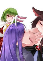  3girls absurdres animal_ears barefoot brown_hair closed_eyes collarbone commission feet foot_worship gem green_hair highres imaizumi_kagerou kazami_yuuka licking licking_foot long_hair medium_hair multiple_girls necktie oirin pixiv_commission purple_hair rabbit_ears rabbit_girl red_eyes reisen_udongein_inaba saliva simple_background smile soles toe_sucking toes tongue tongue_out touhou white_background wolf_ears wolf_girl yuri 