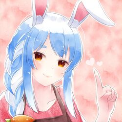  akesato animal_ears apron bad_id bad_twitter_id blue_hair braid carrot carrot_hair_ornament collarbone commentary_request female food-themed_hair_ornament gradient_hair hair_ornament heart highres hololive index_finger_raised mature_female multicolored_hair painting_(medium) pekomama rabbit_ears rabbit_girl short_eyebrows simple_background smile solo tareme traditional_media upper_body watercolor_(medium) yellow_eyes 