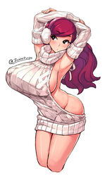  1girls absurd_res absurdres armpits arms_behind_head arms_up backless_dress backless_outfit beryl_(junkpuyo) big_breasts black_eyes breasts cropped_legs detached_sleeves dress earmuffs elbow_gloves female female_only halterneck highres huge_breasts junkpuyo large_breasts legs long_hair meme_attire naked_sweater original red_hair sideboob simple_background solo sweater sweater_dress thighs turtleneck turtleneck_sweater virgin_killer_sweater white_background 