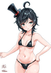  absurdres ahoge alternate_costume bikini black_bikini black_hair breasts collarbone female green_eyes hat highres kantai_collection matsukaze_(kancolle) mini_hat mini_top_hat navel shirokuni_ochiho short_hair small_breasts solo standing swept_bangs swimsuit top_hat wavy_hair 