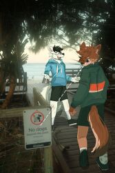  2024 2:3 anthro biped black_eyes blue_clothing blue_hoodie blue_topwear brown_body brown_fur canid canine canis clothing duo eyewear fur glasses green_clothing green_hoodie green_topwear hi_res hoodie male mammal mintcashew slim_anthro slim_male topwear wearing_glasses white_body white_fur wolf 