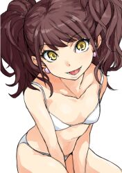  bikini breasts brown_hair collarbone commentary_request earrings female from_above jewelry kujikawa_rise open_mouth persona persona_4 sakula small_breasts smile solo swimsuit twintails white_bikini yellow_eyes 