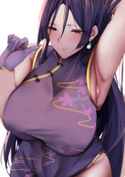  absurdres arm_up armpits breasts china_dress chinese_clothes dress earrings fate/grand_order fate_(series) female gloves gold_trim highres jewelry large_breasts long_hair looking_at_viewer minamoto_no_raikou_(fate) minamoto_no_raikou_(traveling_outfit)_(fate) parted_bangs purple_dress purple_eyes purple_gloves purple_hair smile solo sso_001 very_long_hair 