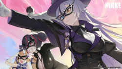  1boy 3girls absurdres artist_request black_hair blue_eyes bow breasts brown_hair cape cleavage closed_mouth commander_(nikke) cropped dress elbow_gloves english_commentary eye_mask gloves goddess_of_victory:_nikke grey_hair hat heterochromia highres large_breasts long_sleeves miranda_(nikke) miranda_(thief_of_justice_)_(nikke) multicolored_hair multiple_girls official_art phantom_(nikke) pink_eyes pink_hair purple_bow purple_dress quency_(escape_queen)_(nikke) quency_(nikke) second-party_source short_hair smile standing teeth top_hat white_gloves yellow_eyes 