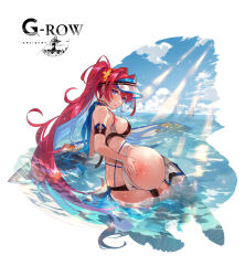  aegis_(phantom_of_the_kill) aqua_hair arm_support ass ass_focus bikini black_bikini blue_sky blush breasts cloud colored_inner_hair commentary_request day female flower full_body hair_flower hair_intakes hair_ornament highres large_breasts long_hair looking_at_viewer looking_back multicolored_hair ocean official_alternate_costume official_art orange_flower outdoors phantom_of_the_kill purple_eyes red_hair second-party_source sky solo surfboard swimsuit thigh_strap to_maru two-tone_bikini very_long_hair visor_cap wet white_background white_bikini 