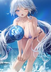  ;o absurdres alternate_costume bare_shoulders bikini blue_bikini blue_eyes blue_hair blue_panties blue_sky blush breasts cleavage collarbone commentary day drop-shaped_pupils english_commentary female fingernails furina_(genshin_impact) genshin_impact gentilhomme_usher hair_between_eyes highres large_breasts leaning_forward light_blue_hair long_hair looking_at_viewer multicolored_hair nail_polish one_eye_closed outdoors panties pink_pupils purple_nails sky solo splashing streaked_hair swimsuit symbol-shaped_pupils ueng underwear very_long_hair wading water wet white_hair 