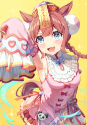  +_+ absurdres agnes_digital_(umamusume) alternate_costume alternate_hairstyle animal_ears armpits blue_eyes blush breasts detached_sleeves female highres horse_ears jiangshi long_sleeves official_alternate_costume ofuda open_mouth saliva simple_background small_breasts solo umamusume yellow_background yoru_usagi 