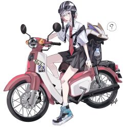  ? absurdres alternate_costume backpack bag black_bag black_skirt blue_eyes collared_shirt colored_inner_hair commentary female full_body goggles goggles_on_headwear helmet highres honda_super_cub honkai:_star_rail honkai_(series) looking_at_viewer medium_hair multicolored_hair necktie numby_(honkai:_star_rail) on_motorcycle pleated_skirt red_hair red_necktie ren_(renjiyu) shirt shoes short_sleeves signature simple_background skirt sneakers socks solo spoken_question_mark streaked_hair topaz_(honkai:_star_rail) trotter_(honkai:_star_rail) two-tone_hair white_background white_hair white_shirt white_socks 