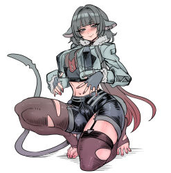  absurdres animal_ears black_thighhighs blunt_bangs blush breasts chinese_commentary crop_top female fingerless_gloves fur-trimmed_jacket fur_trim ga320aaa gloves gradient_hair grey_eyes grey_gloves grey_hair highres jacket jane_doe_(zenless_zone_zero) kneeling long_hair looking_at_viewer medium_breasts midriff mouse_ears mouse_tail multicolored_hair navel no_shoes pantyhose red_hair shorts simple_background single_leg_pantyhose smile solo stirrup_legwear tail thighhighs toeless_legwear torn_clothes torn_pantyhose torn_thighhighs white_background zenless_zone_zero 