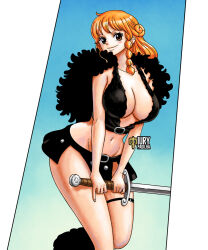  artist_name bare_arms belt belt_buckle blush_stickers braided_sidelock breasts brown_eyes buckle capelet cleavage closed_mouth collarbone crop_top english_commentary feet_out_of_frame female fur-trimmed_capelet fur_trim groin holding holding_sword holding_weapon iury_padilha large_breasts leg_warmers long_hair looking_at_viewer midriff miniskirt nami_(one_piece) narrow_waist navel official_alternate_costume one_piece orange_hair single_sidelock skirt smile solo sword thigh_strap wavy_hair weapon wide_hips 