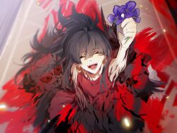  arm_up black_hair blood blood_on_ground closed_eyes closed_mouth commentary_request dress facing_viewer female finallyending flower foreshortening highres holding holding_flower kumazaki_karen long_hair open_mouth purple_flower red_dress saibou_shinkyoku sleeveless sleeveless_dress smile solo spoilers 