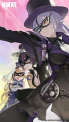  1boy 3girls artist_request black_hair blue_eyes bow breasts brown_hair cape cleavage closed_mouth commander_(nikke) cropped dress elbow_gloves english_commentary eye_mask gloves goddess_of_victory:_nikke grey_hair hat heterochromia highres large_breasts long_sleeves miranda_(nikke) miranda_(thief_of_justice_)_(nikke) multicolored_hair multiple_girls official_art phantom_(nikke) pink_eyes pink_hair purple_bow purple_dress quency_(escape_queen)_(nikke) quency_(nikke) second-party_source short_hair smile standing teeth top_hat white_gloves yellow_eyes 