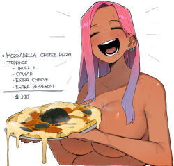  blush breasts cleavage closed_eyes collarbone commentary cropped_torso dark_skin earrings english_text facing_viewer female food gradient_hair holding holding_plate huge_breasts jewelry long_hair multicolored_hair ohasi one_eye_closed open_mouth original pink_(ohasi) pink_hair pizza plate simple_background solo sweat symbol-only_commentary upper_body white_background 