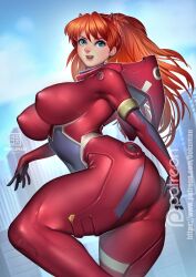  blue_eyes bodysuit bokuman breasts cameltoe cosplay covered_nipples darling_in_the_franxx female highres horns large_breasts long_hair looking_at_viewer neon_genesis_evangelion open_mouth orange_hair pilot_suit red_bodysuit skin_tight smile solo souryuu_asuka_langley zero_two_(darling_in_the_franxx) zero_two_(darling_in_the_franxx)_(cosplay) 