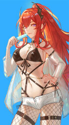  alternate_costume arknights armband bikini black_bikini coat cross cross_necklace demon_girl demon_horns female fishnet_pantyhose fishnets food front-tie_bikini_top front-tie_top hair_intakes highres holding holding_food holding_popsicle horns jewelry jineg long_hair looking_at_viewer navel necklace pantyhose ponytail popsicle purple_eyes red_hair ring see-through_clothes see-through_coat short_shorts shorts solo surtr_(arknights) swimsuit thigh_strap white_shorts 