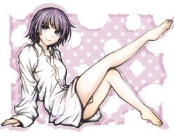  arm_support bare_legs barefoot blue_eyes breasts closed_mouth collared_shirt eyelashes female full_body knees_together_feet_apart leg_up legs long_sleeves looking_at_viewer medium_hair monogatari_(series) oversized_clothes oversized_shirt purple_background purple_hair senjougahara_hitagi shadow shirt sitting small_breasts smile soles solo star_(symbol) toes tsukihi_shida white_shirt 