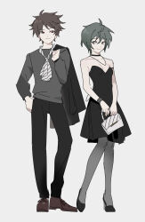  1boy alternate_costume ascot bag black_choker black_dress black_footwear black_jacket black_pants black_pantyhose black_shirt bracelet breasts brown_footwear brown_hair choker cleavage closed_mouth dress female full_body green_eyes green_hair grey_background hand_on_own_hip harada_minoru height_difference high_heels highres holding holding_bag holding_jacket holding_unworn_clothes isoi_rai jacket jewelry long_sleeves necklace pants pantyhose red_eyes ring saibou_shinkyoku shirt shoes short_hair simple_background small_breasts smile strapless strapless_dress striped_ascot white_ascot white_bag wobuzaia 