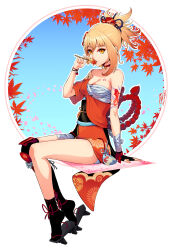  arm_tattoo black_socks blonde_hair breast_tattoo breasts candy chest_sarashi choker commentary eating english_commentary eyeshadow female food genshin_impact geta highres large_breasts leaf looking_at_viewer makeup maple_leaf medium_hair omniformblue red_choker red_eyeshadow rope sarashi shimenawa sitting socks tabi tattoo yellow_eyes yoimiya_(genshin_impact) 