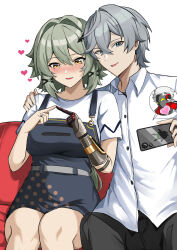  1boy absurdres apron billy_kid black_apron black_pants blush caesar_king_(zenless_zone_zero) cellphone collared_shirt commentary english_commentary female green_hair grey_eyes grey_hair hair_intakes heart highres holding holding_phone index_fingers_together mechanical_arms open_mouth pants phone shirt single_mechanical_arm sitting smartphone smile tian_kazuki white_shirt wise_(zenless_zone_zero) yellow_eyes zenless_zone_zero 