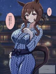  alternate_costume animal_ears blush braid braided_hair_rings breasts brown_hair commentary_request cowboy_shot female gentildonna_(umamusume) hair_between_eyes hair_rings hand_on_own_hip highres horse_ears horse_girl horse_tail japanese_clothes kimono kokora_(kokorahen) long_sleeves medium_breasts medium_hair night night_sky outdoors parted_lips red_eyes sidelocks sky solo speech_bubble star_(sky) starry_sky tail translation_request umamusume wide_sleeves yukata 