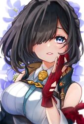  atelier_(series) atelier_yumia black_hair blue_eyes braid breasts commentary_request female flower gloves hair_over_one_eye heart heart-shaped_pupils highres large_breasts mole mole_under_eye parted_bangs parted_lips purple_flower red_gloves sakae_(1210hati) smile solo star_(symbol) star_in_eye symbol-shaped_pupils symbol_in_eye upper_body white_background yumia_liessfeldt 